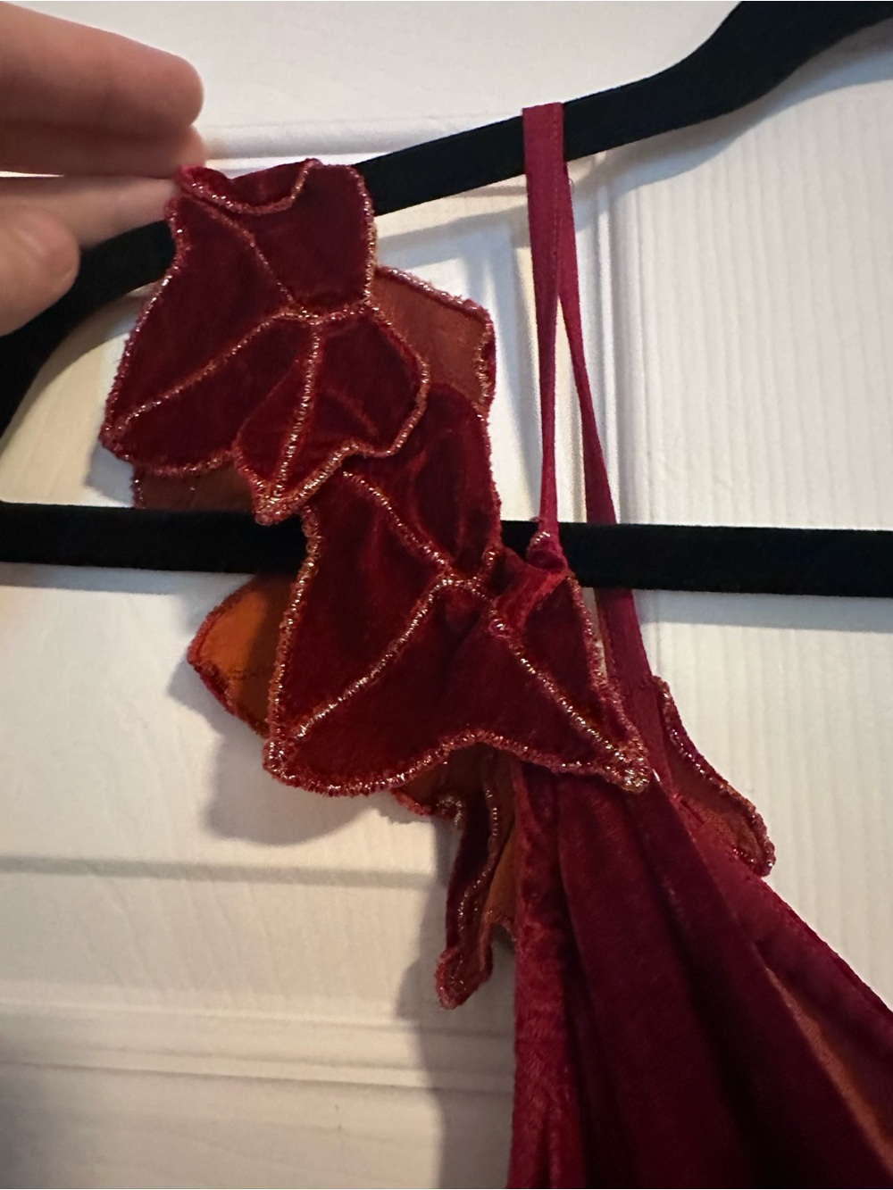 90s Vintage Velvet Cowl Midi Dress with Ivy Leaf Straps in Burgundy - Picture 3 of 5